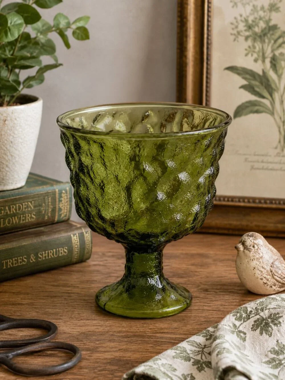 Vintage E.O. Brody Green Crinkle Glass Footed Compote Vase M3000 Ohio USA
